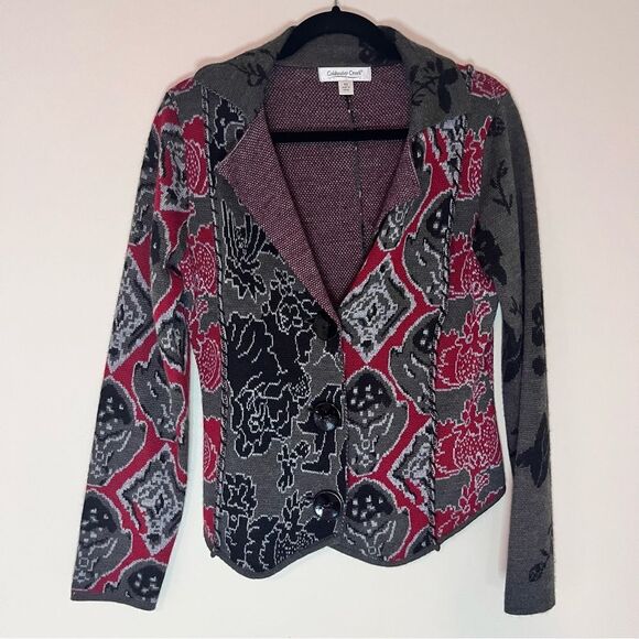Coldwater Creek Cardigan Sweater Floral Knit Wool Gray Red Black XS - Picture 1 of 9